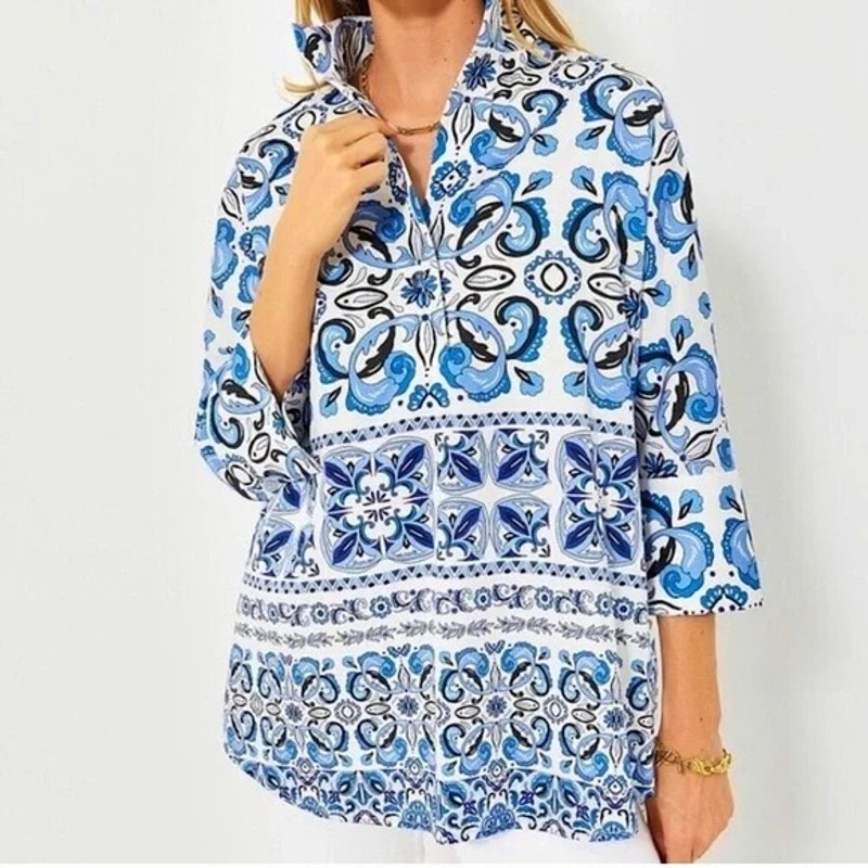 Tuckernuck Majolica Tile Print Blue White Relaxed Coastal Tunic Top Size Xs